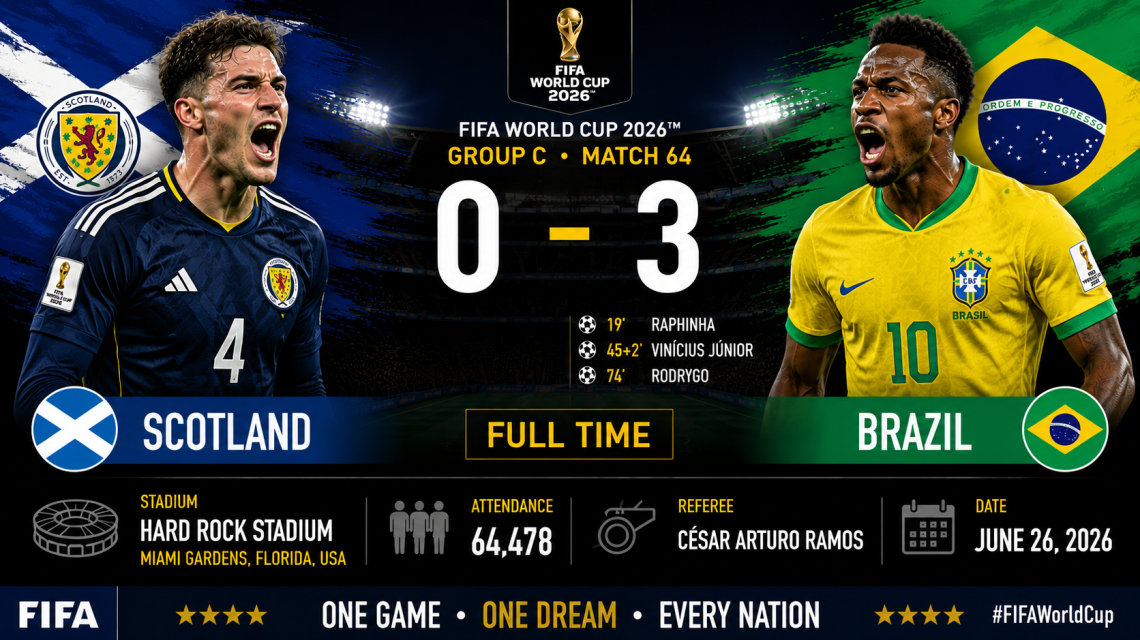 Scotland 0–3 Brazil, Hard Rock Stadium, attendance 64,478, and referee César Arturo Ramos